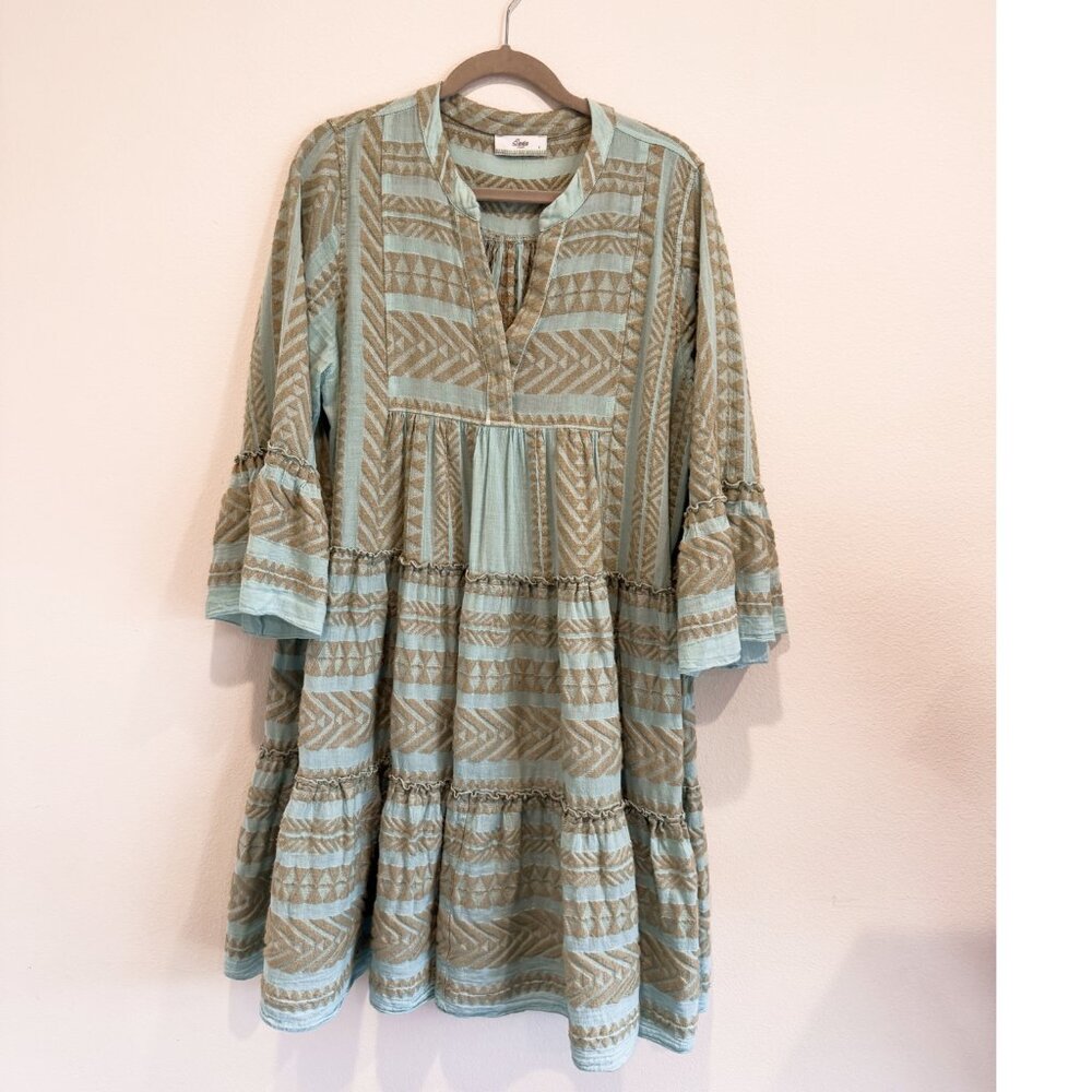 Devotion Twins Ethno Print Cotton Tiered Dress Blue Beige Size L
